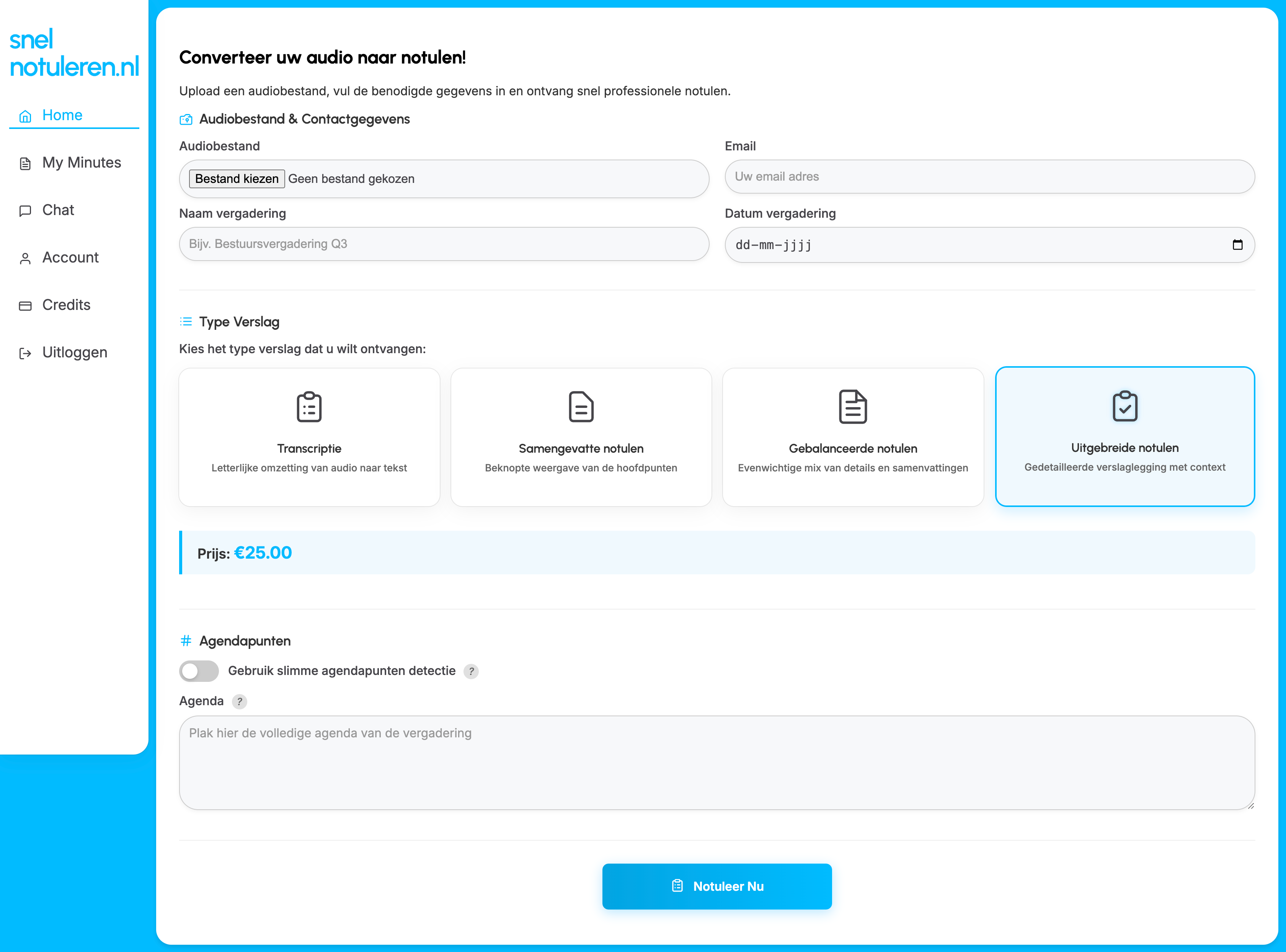 Voorbeeld van het Snelnotuleren dashboard